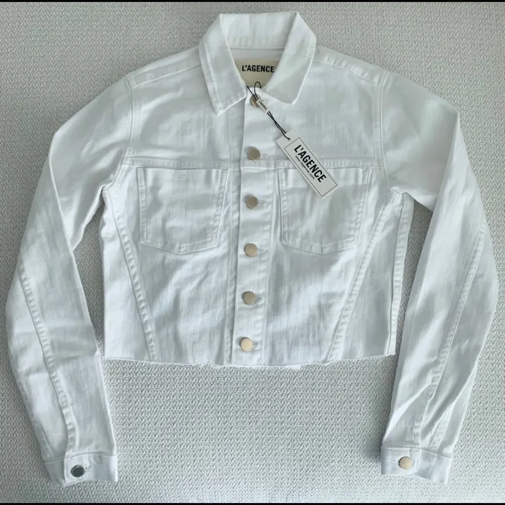 🔥 🧷 NWT L’AGENCE ARIA SAFETY PIN CROPPED DENIM JEAN JACKET - Picture 9 of 13